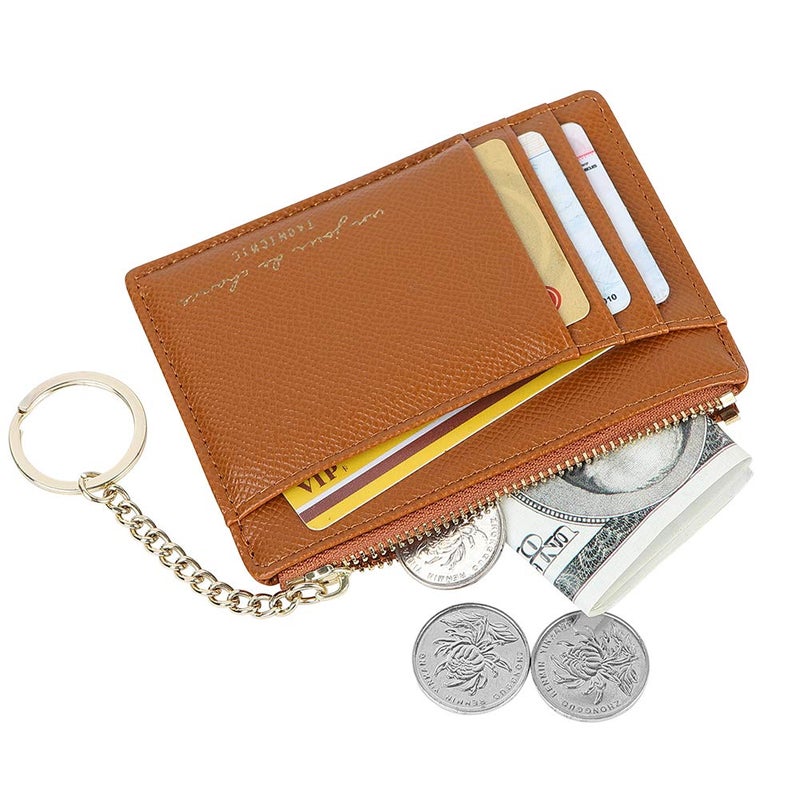 Cynure Women's 8 Cards Slim Minimalist Card Holder Coin Changes Purse Keychain Front Pocket Wallet, brown - Image 2
